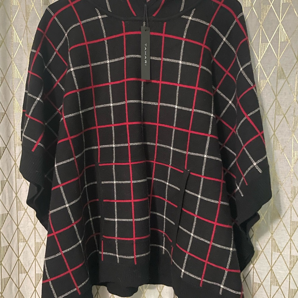 Cute Tahari Black Poncho with Red and White Plaid